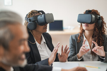 Multiracial business people wearing 3d virtual realtiy goggles inside office meeting room