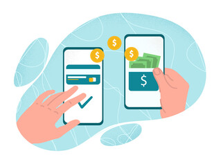 Poster - Mobile payment transfer. Modern technologies and digital world, funds transfer. Payment for purchases on Internet, online shopping. Smartphone banking application. Cartoon flat vector illustration