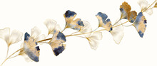 Art Banner With Golden And Blue Ginkgo Leaves In Art Line Style. Botanical Background With Watercolor Textures For Wallpaper, Decor, Packaging Design, Interior Design