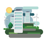 Fototapeta  - The concept of environmentally friendly alternative energy. House with solar panels and wind turbines. Vector illustration.