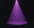 Purple light cone spotlight template. Cone of neon lamp 3d render illuminates round empty area. Decoration of solemn interior and presentation