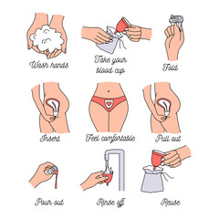 How to use woman menstrual cup during periods. Instruction how to insert blood cup to womans body. Line art icon set vector illustration