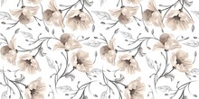 Seamless Watercolor Floral Pattern - Soft Yellow Brown Flowers And Branches Composition On White Background For Wrappers, Wallpapers, Postcards, Greeting Cards, Wedding Invitations, Romantic Events.