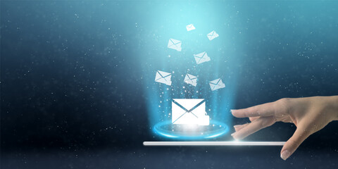 Poster - Double exposure of hand touching of email marketing, sending an email or newsletter, innovation