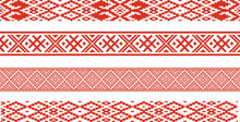 Vector Red Set Of Seamless Belarusian National Ornament. Ethnic Pattern Of Slavic Peoples, Russian, Ukrainian, Serb, Pole, Bulgarian. Cross Stitch Template.
