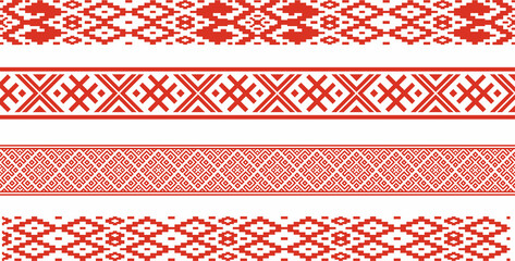 Vector red set of seamless belarusian national ornament. Ethnic pattern of Slavic peoples, Russian, Ukrainian, Serb, Pole, Bulgarian. Cross stitch template.
