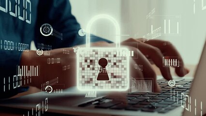 Poster - businessman uses capable laptop computer to manage cyber security system for defending computer viru