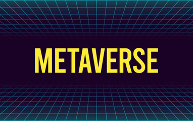 Poster - Metaverse text on glow neon wireframe grid banner background template.