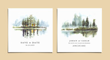 Watercolor Wedding Invitation With Reflection Of Pine Trees In Lake