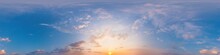 Panorama Of A Dark Blue Sunset Sky With Pink Cirrus Clouds. Seamless Hdr 360 Panorama In Spherical Equiangular Format. Full Zenith For 3D Visualization, Sky Replacement For Aerial Drone Panoramas.