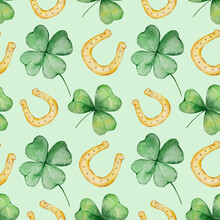 Watercolor Green Clover And Golden Horseshoes