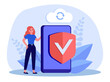 © Bro Vector - Protection of access to tiny womans cell phone. Girl standing with smartphone and secure shield flat vector illustration. Internet privacy concept for banner, website design or landing web page