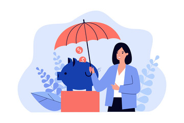 Wall Mural - woman holding umbrella over piggy bank with coins. financial protection of money savings by business