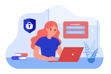 Wall Mural - Woman protecting data privacy with password. Safe online work of business person with laptop flat vector illustration. Security, authentication concept for banner, website design or landing web page