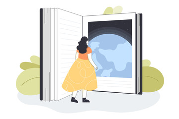 Wall Mural - Female person standing in front of huge open book. Online library or business skills training flat vector illustration. Education, literature, global knowledge concept for banner, website design