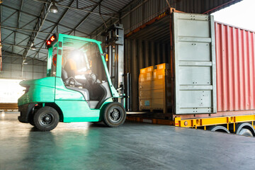 Wall Mural - Forklift Tractor Loading Packaging Boxes on Pallets into Shipping Container at Dock Warehouse. Delivery Cargo Trucks Service. Distribution Warehouse Logistics. Shipment Freight Truck Transportation.