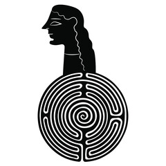 Round spiral maze or labyrinth symbol with beautiful female head. Ariadne. Ancient Greek woman or goddess. Creative mythological concept. Black and white silhouette.