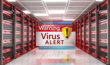 Virus Alert Message Pop Up Window Among Network Servers In A Row. 3D Illustration