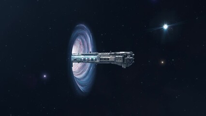 large spaceship leaving a wormhole
