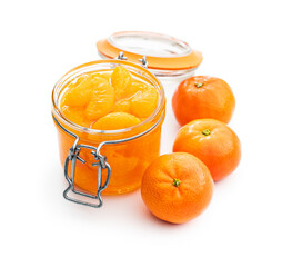 Poster - Canned tangerine. Pickled mandarin fruit in jar isolated on white background.