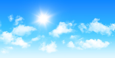 Wall Mural - sunny day background, blue sky with white cumulus clouds and glaring sun