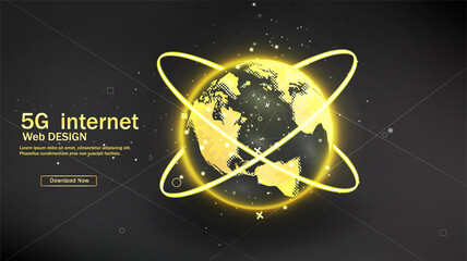 Poster - vector. planet earth from space. flickering lights of cities. map of the mainland. global communicat