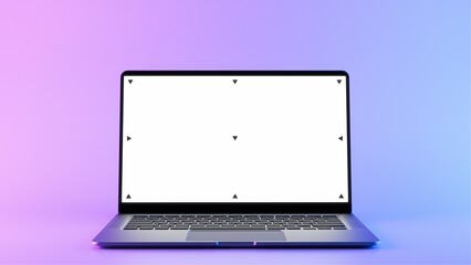 Mockup Shot of a Laptop Computer with Blank White Screen in Blue and Purple Environment Lit by Neon Lights