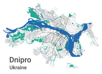 Dnipro vector map. Detailed map of Dnipro city administrative area. Cityscape panorama illustration. Road map with highways, streets, rivers.