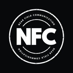 Poster - NFC Near-Field Communication - set of communication protocols that enables communication between two electronic devices over a distance of 4 cm, acronym text stamp concept background