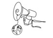Abstract megaphone with globe as continuous lines drawing on white background