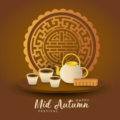 Wall Mural - Happy mid autumn chinese festival poster design with cup and tea food vector banner Vector