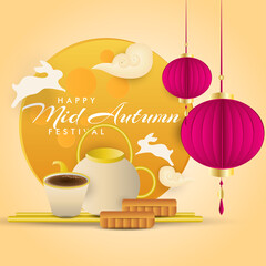 Wall Mural - Happy mid autumn chinese festival poster design with rabbit and tea food vector banner Vector