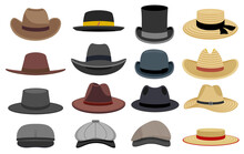 Different Male Hats. Fashion And Vintage Man Hat Collection Image, Derby And Bowler, Cowboy And Peaked Cap, Straw Hats And Gentlemen Cap Set Isolated. Flat Design Style. Vector Cartoon Illustration