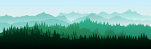 Vector Illustration Of Summer Landscape Smoky Forest, Green Mist Mountains, Hiking Background In Flat Banner Style.