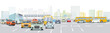 Großstadt mit Straßenverkehr im Verkehrsstau und öffentlichen Verkehrsmitteln, Illustration
