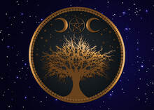 Tree Of Life Wicca Sign Mandala, Gold Mystical Moon Pentacle, Sacred Geometry, Golden Crescent Moon, Half Moon Pagan Wiccan Triple Goddess Symbol, Vector Isolated On Blue Starry Night Sky Background