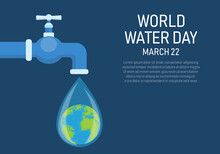 Faucet With Earth In Water Drop. World Water Day Poster. Campaign To Save Sea Ecology And Environment. Copy Space For Text Input. Vector Illustration In Flat Style Modern Design.