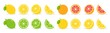 Fresh citrus fruit on white background. Oranges, lemons, lime and grapefruit. Whole, half and slice citrus set. Vector illustration.
