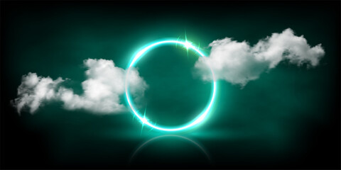 Poster - Neon azure light circle frame glowing among soft clouds in dark sky abstract night background