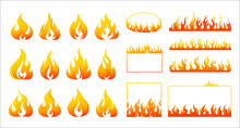Fire Flame. Burning Campfire Logo. Flaming Badge. Igniting Border And Lines. Fiery Round And Square Frames. Orange Bonfire Signs. Warning Combustion Symbols. Vector Blaze Elements Set