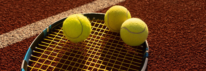 Tennis Ball with Racket on the racket in tennis court