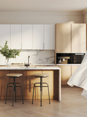 3d rendering of a contemporary wooden kitchen with white marble backsplash, an island, a curtain blowing in the wind and vintage stools