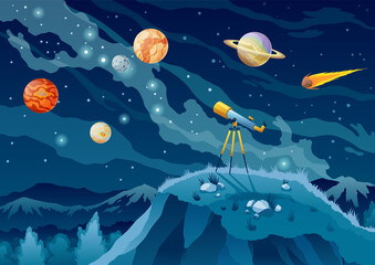 Wall Mural - telescope for space exploration, science discovery and astronomy studying. against the background of
