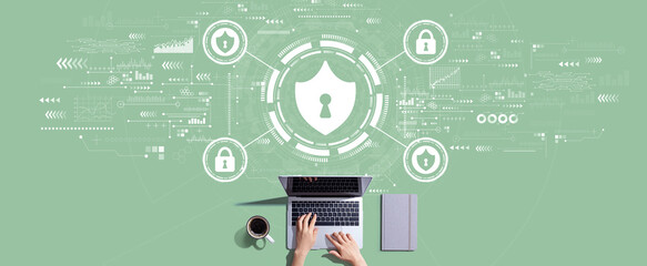 Poster - cyber security theme with person working with a laptop