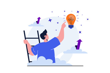 Business growth modern flat concept for web banner design. Businessman climbed stairs up and generates new ideas, develops projects and achieves goals. Illustration with isolated people scene
