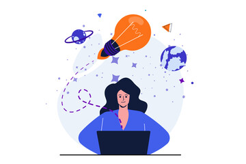 Poster - Business startup modern flat concept for web banner design. Woman entrepreneur develops new idea on laptop, analyzes and creates company strategy. Illustration with isolated people scene