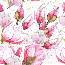 Seamless Pattern With Magnolia Flowers And Pink Lipstick. Spring Drawing For Printing On Paper, Fabric, Ceramics, Plastic. Handmade Watercolor Illustration. Flower Plot For Scrapbooking.