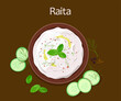 Traditional Indian raita with yogurt, cucumber, cumin and mint, served in a bowl and garnished with mint leaves. Top view. Vector illustration