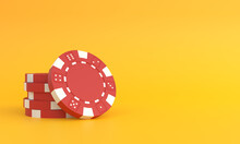 Red Poker Chips On A Yellow Background With Copy Space. Creative Minimal Sport And Gambling Concept. Casino Concept. 3d Rendering 3d Illustration
