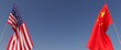 © Bohdana - Flags of China and United States on flagpoles on sides. Flags on a blue background. Place for text. USA. United States of America. Chinese flag. Beijing. Commonwealth. 3D illustration.